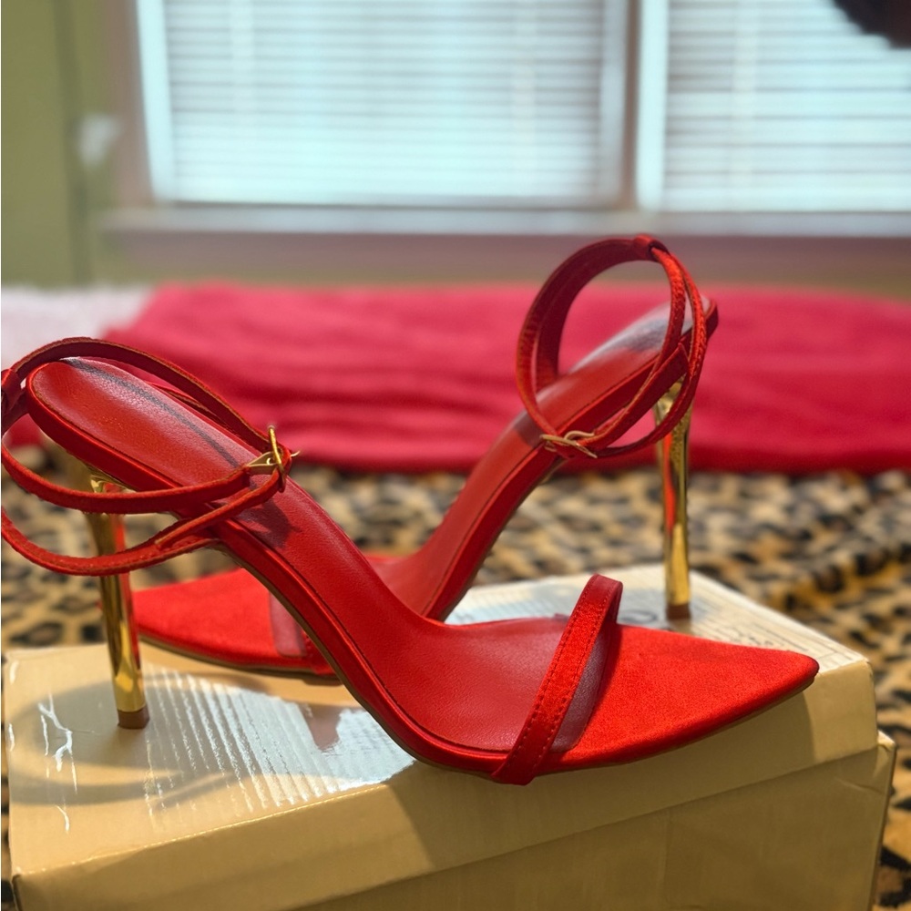 Women's Red Satin Stiletto Ankle-Strap Pointed-Toe (worn once)